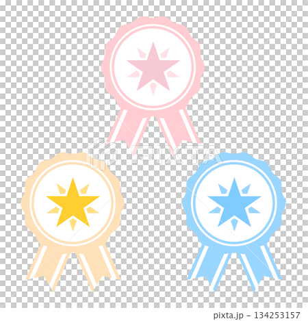 A set of medal icons with ribbons and stars drawn in three colors, decorative illustrations for rankings and awards 134253157