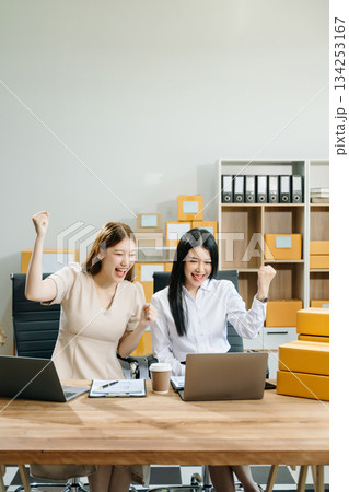 Starting small businesses SME owners, two check online orders Selling products working with boxs freelance work 134253167