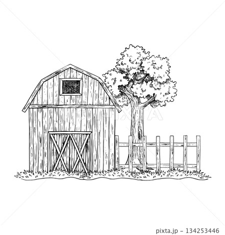 A rural yard. A barn, a tree, and a fence. A hand-drawn black-and-white vector illustration. A concept of the agricultural industry. A design element for banners, labels, postcards, and more. 134253446
