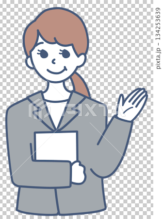 Illustration of a woman in a suit giving directions 134253639