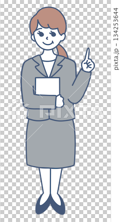 指差しで説明をするスーツの女性の全身イラスト素材 134253644