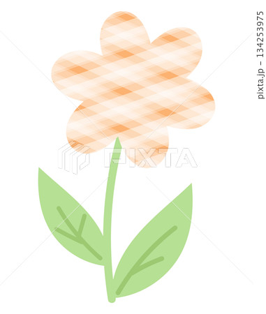 Pastel orange flower with green leaves and plaid pattern for nature, garden, tree, plants, blossom, blooming, park, picnic, home yard, stickers, cartoon, floral print, decoration, patch, brooch, pin 134253975