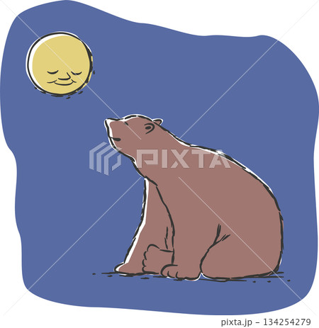 夜空の満月を見上げて微笑むクマのイラスト 134254279
