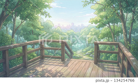 森に囲まれた公園の木製展望デッキと爽やかな風景 134254766