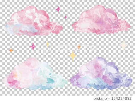 Colorful watercolor cloud and star illustration 134254852