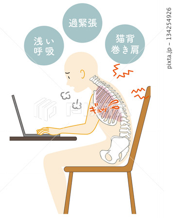 デスクワークをして姿勢が悪くなった時の身体の様子 134254926