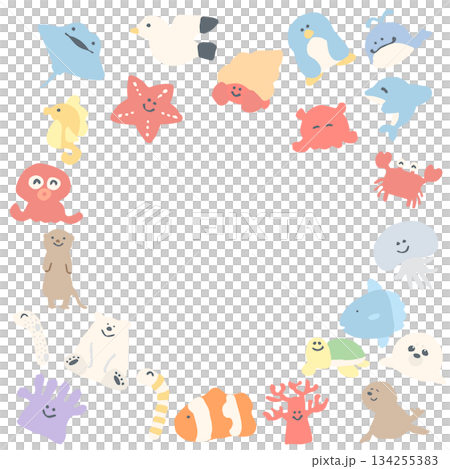 海のなかまたちシリーズ|海の生き物 丸フレームイラスト 海のなかまたちシリーズ|海の生き物 丸フレームイラスト 134255383