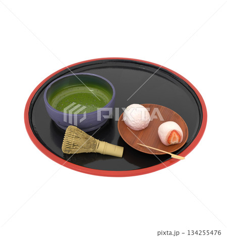 春の和菓子の抹茶と茶筅とイチゴ大福 春の和菓子の抹茶と茶筅とイチゴ大福 134255476