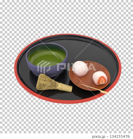 春の和菓子の抹茶と茶筅とイチゴ大福 春の和菓子の抹茶と茶筅とイチゴ大福 134255476