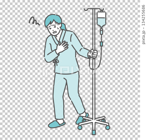 A female patient complaining of chest pain and nausea during an IV drip (side effect, sudden change) 134255686