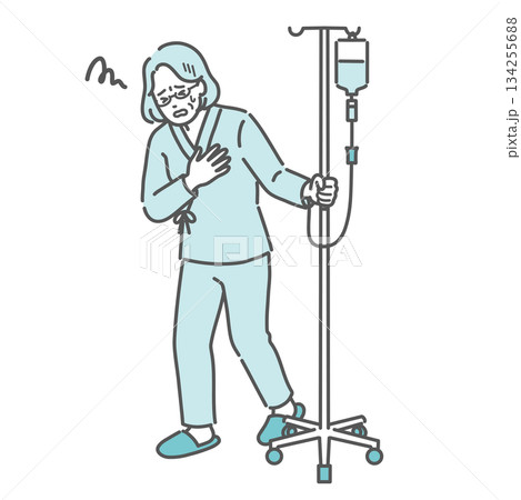 点滴中に胸の痛みや気分の悪さを訴える高齢女性（副作用・急変） 134255688