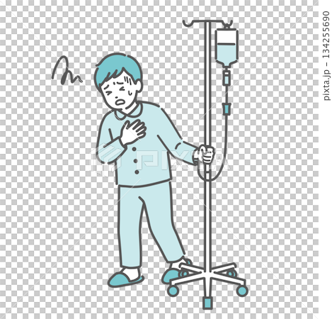 A boy complaining of chest pain and nausea during an IV drip (side effect, sudden change) 134255690