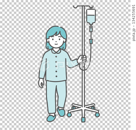 一名女孩推著輸液架行走（兒科，住院） 134255691