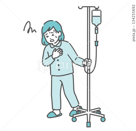 点滴中に胸の痛みや気分の悪さを訴える女の子（副作用・急変） 134255692