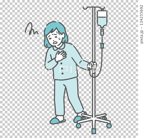 A girl complains of chest pain and nausea during an IV drip (side effect/sudden change) 134255692