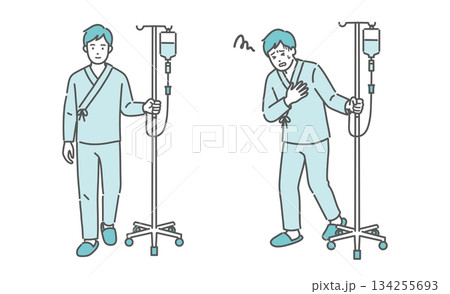 点滴スタンドを押して歩く男性と、胸を押さえて苦しむ男性（比較セット） 134255693
