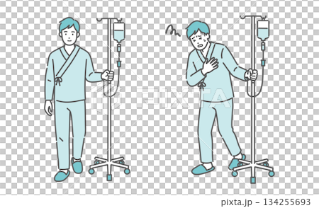 点滴スタンドを押して歩く男性と、胸を押さえて苦しむ男性（比較セット） 134255693