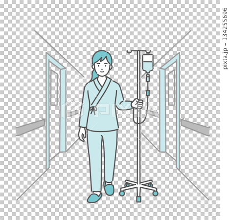 病院の廊下を点滴スタンドを押して歩く女性患者（入院生活） 134255696