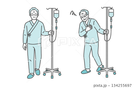 点滴スタンドを押して歩く高齢男性と、胸を押さえて苦しむ高齢男性(比較セット) 点滴スタンドを押して歩く高齢男性と、胸を押さえて苦しむ高齢男性(比較セット) 134255697