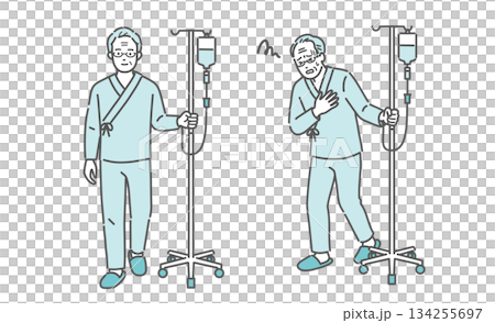点滴スタンドを押して歩く高齢男性と、胸を押さえて苦しむ高齢男性(比較セット) 点滴スタンドを押して歩く高齢男性と、胸を押さえて苦しむ高齢男性(比較セット) 134255697