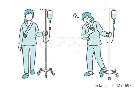 点滴スタンドを押して歩く女性と、胸を押さえて苦しむ女性（比較セット） 134255698