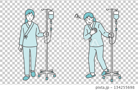 点滴スタンドを押して歩く女性と、胸を押さえて苦しむ女性（比較セット） 134255698