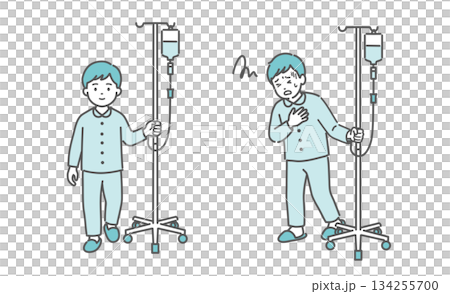 一個男孩推著輸液架走路，另一個男孩痛苦地摀著胸口（對比圖） 134255700