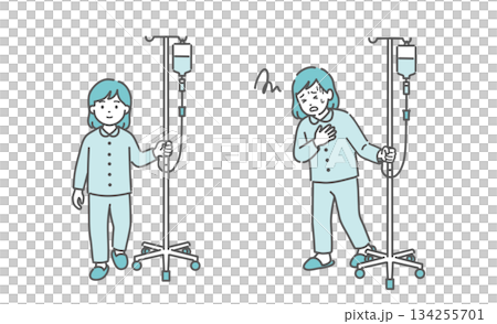 A girl walking while pushing an IV stand and a girl clutching her chest in pain (comparison set) 134255701