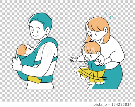 赤ちゃんをお世話する父親と母親のイラストセット｜育児・子育て・家族 134255834