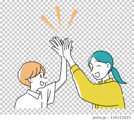 Illustration of a parent and child high-fiving | Success, achievement, positive moments Illustration of a parent and child high-fiving | Success, achievement, positive moments 134255835