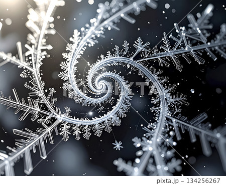 雪の結晶が渦を描くダーク背景｜幻想的な冬の抽象イメージ 134256267