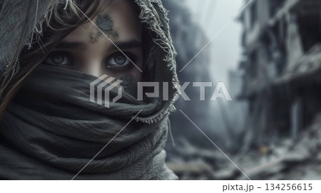 Piercing Gaze of a Young Survivor in a War-Torn City. Generative ai 134256615