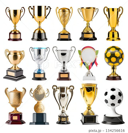 Assortment of Sports Trophies on White Background. Generative ai 134256616