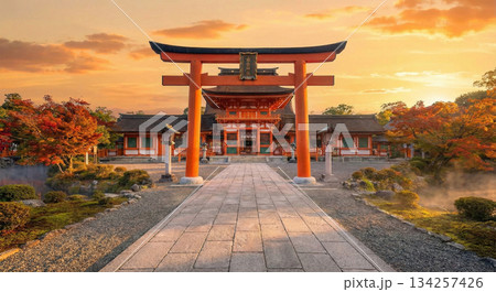 夕焼けに染まる鳥居 134257426