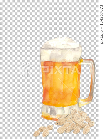 手繪水彩插畫，描繪了生啤酒和花生。白色背景，透明背景，留有空白區域。 134257673