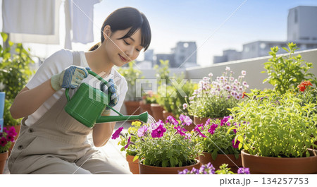 若い日本人女性　ベランダでガーデニング 134257753
