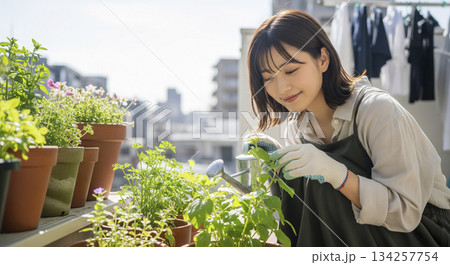 若い日本人女性 ベランダでガーデニング 若い日本人女性 ベランダでガーデニング 134257754