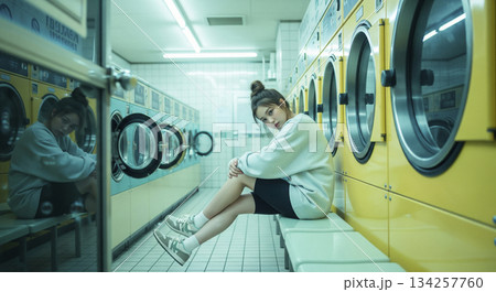 コインランドリーで待機中の日本人女性 134257760
