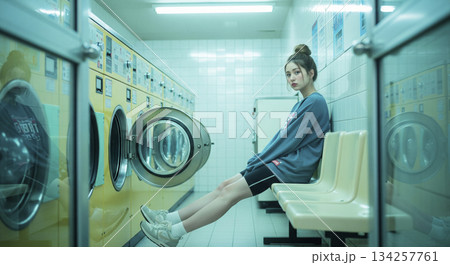 コインランドリーで待機中の日本人女性 134257761