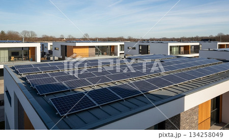 Rooftop Solar Panel Array on Modern Smart Homes at Daylight 134258049
