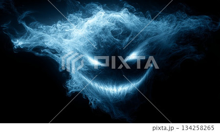 Sinister smoky face with glowing eyes in darkness 134258265