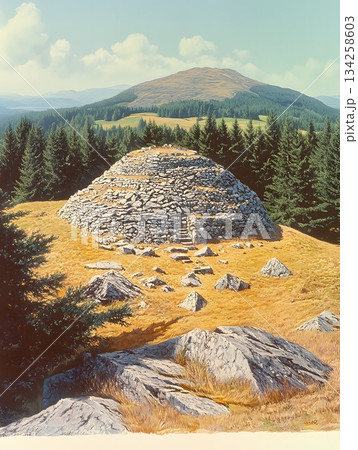 Ancient Cairn Summit: Mountain Vista with Stone Monument and Forested Landscape 134258603