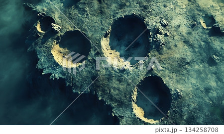 Dramatic Lunar Landscape: Craters Seen From Above in a Teal Color Palette 134258708