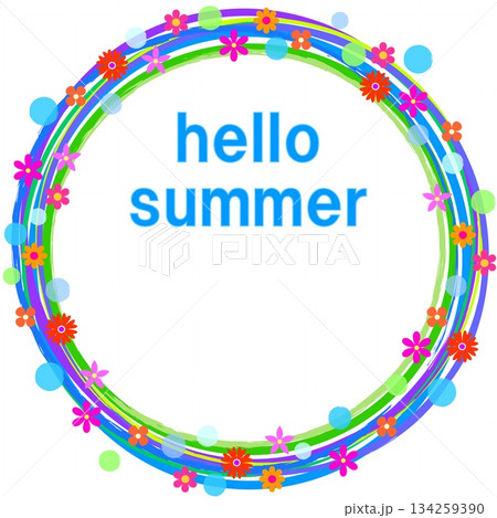 ハローサマー　hello summer　フレーム　花模様　白背景　ブルー　グリーン 134259390
