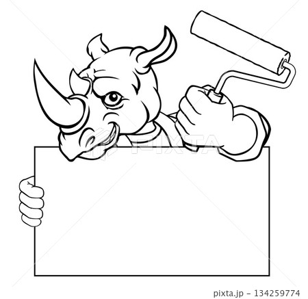 Rhino Painter Decorator Paint Roller Mascot Man 134259774