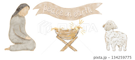Watercolor nativity scene with Mary kneeling beside a manger, white lamb, framed by a warm cloud-white banner reading Peace on earth, star, perfect for Christmas cards, devotionals, and seasonal decor Watercolor nativity scene with Mary kneeling beside a manger, white lamb, framed by a warm cloud-white banner reading Peace on earth, star, perfect for Christmas cards, devotionals, and seasonal decor 134259775