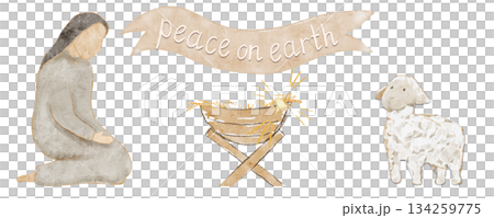Watercolor nativity scene with Mary kneeling beside a manger, white lamb, framed by a warm cloud-white banner reading Peace on earth, star, perfect for Christmas cards, devotionals, and seasonal decor Watercolor nativity scene with Mary kneeling beside a manger, white lamb, framed by a warm cloud-white banner reading Peace on earth, star, perfect for Christmas cards, devotionals, and seasonal decor 134259775