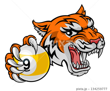 Tiger and 9 Ball Nine Ball Pool Cartoon Mascot Tiger and 9 Ball Nine Ball Pool Cartoon Mascot 134259777
