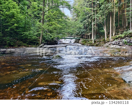 quiet river moving past rocks toward bridge, peaceful stream flowing over stones toward wooden quiet river moving past rocks toward bridge, peaceful stream flowing over stones toward wooden 134260118