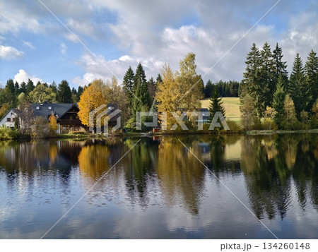 picturesque lakeside settlement with vibrant houses and trees mirrored on still water surface 134260148